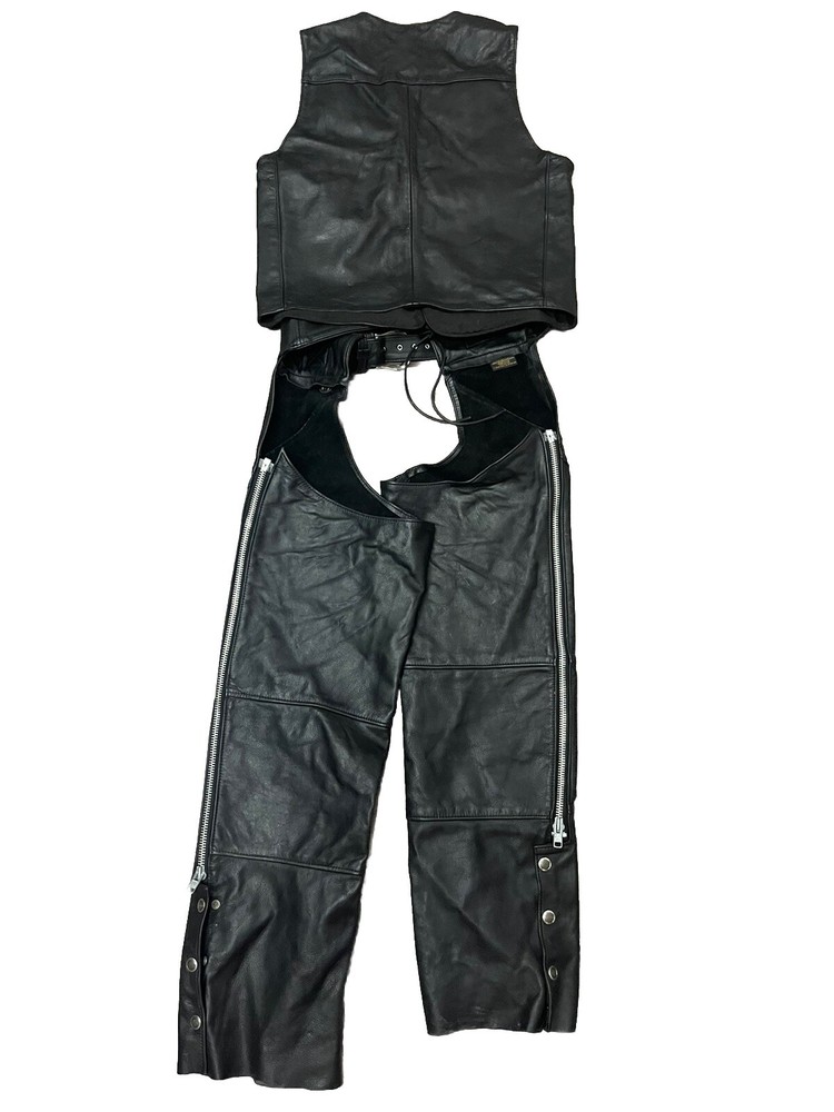 HARLEY DAVIDSON MOTORCYCLE BLACK LEATHER CHAPS & VEST Size Medium