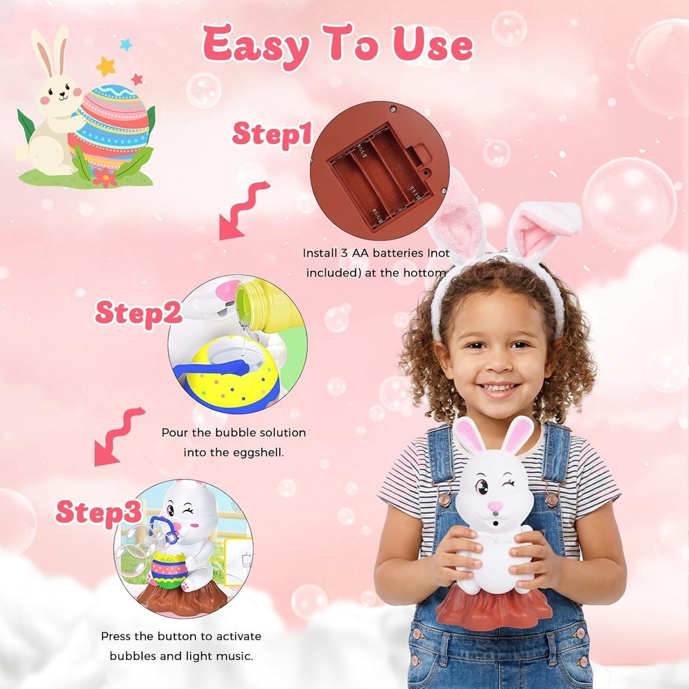 Easter Bubbles Bunny Bubble Machine for Kids, Rabbit Bubble Blower Toy with Refi