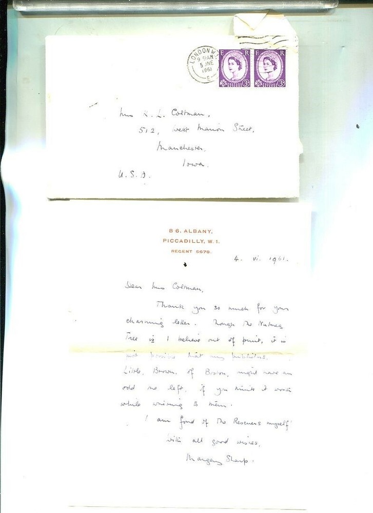 MARGARET SHARP ACTOR AUTOGRAPH LETTER ORIGINAL 1961 ENVELOPE