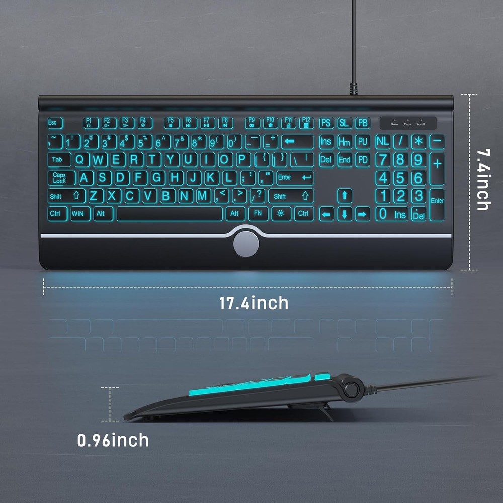 Large Print Backlit Computer Keyboard, USB Full Size Wired large print, black