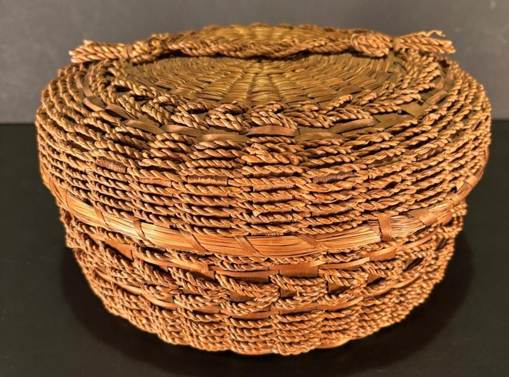 ANTIQUE WOVEN COVERED SEWING BASKET ROUND