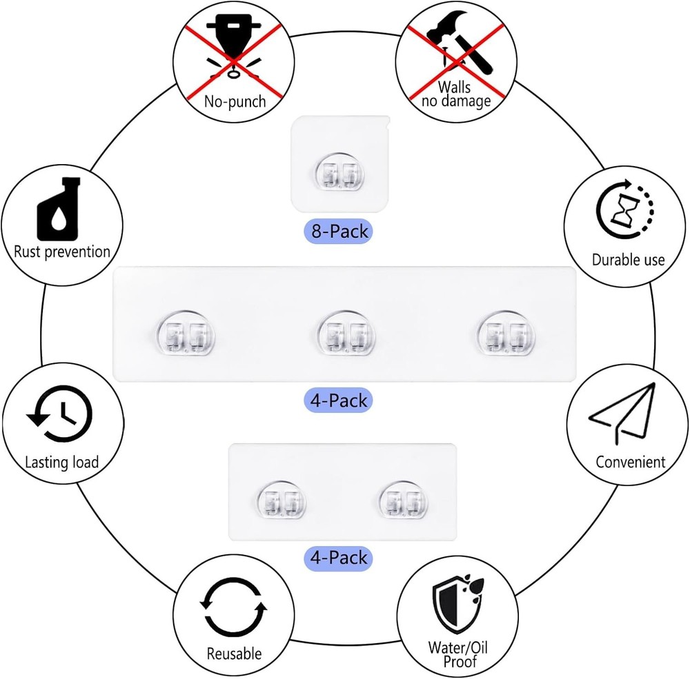 Strong Peel-and-Stick Adhesive Hooks - 16-Pack Bathroom & Kitchen Solution