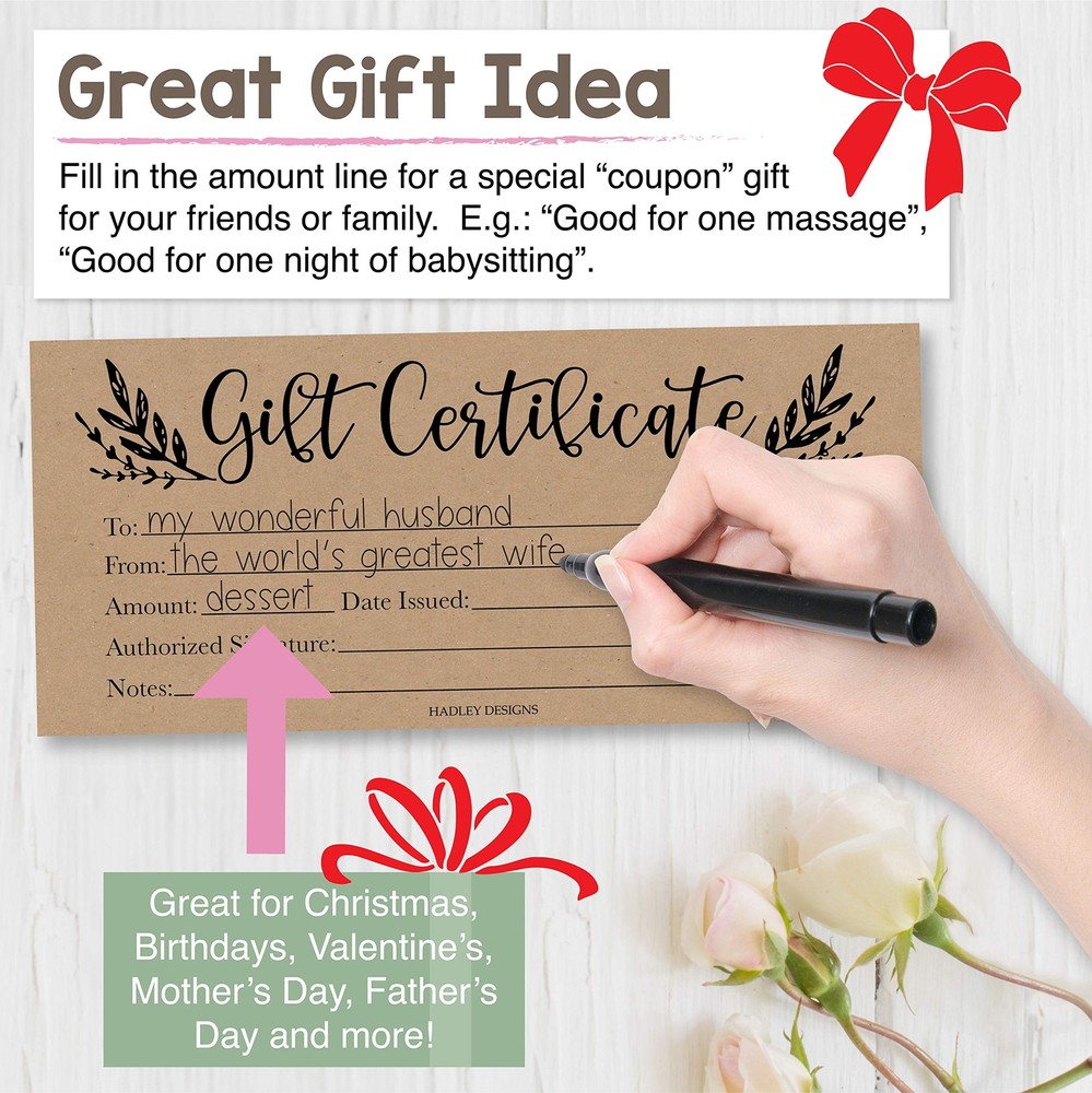 25 4x9 Rustic Blank Gift Certificates for Inches, Greenery