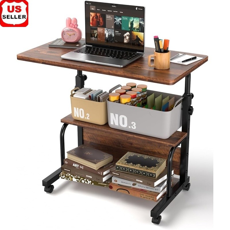 Adjustable Mobile Laptop Desk W/ Storage Rolling Computer Workstation Table New