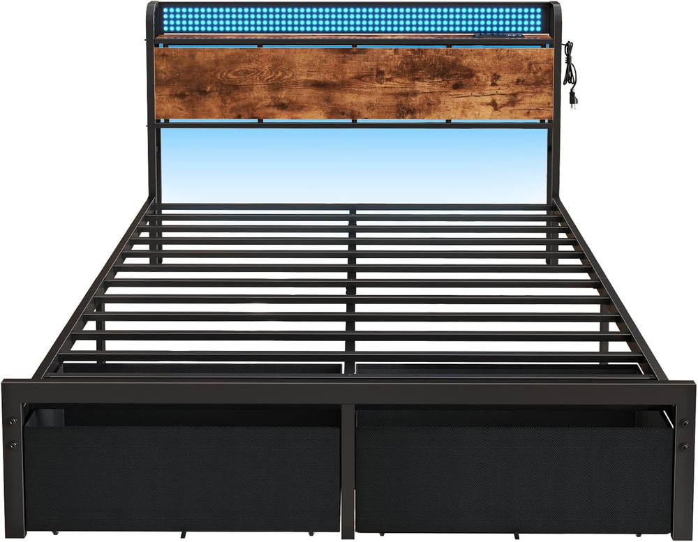 Queen Size Bed Frame with Headboard Storage, Platform Bed Frame Queen Size with