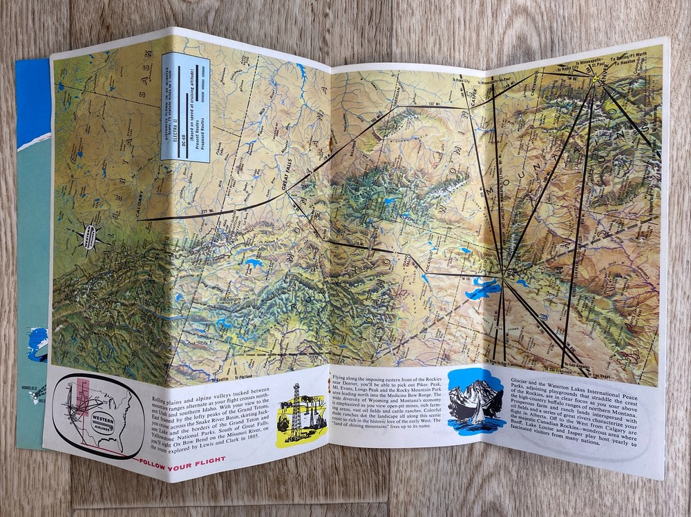 Western Airlines System Route Map and Information Guide 1960s Fold Out Maps