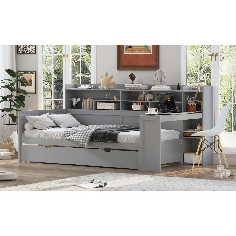 Twin Daybed w/ Storage & Desk, Wood Frame, Gray - Space Saving Design