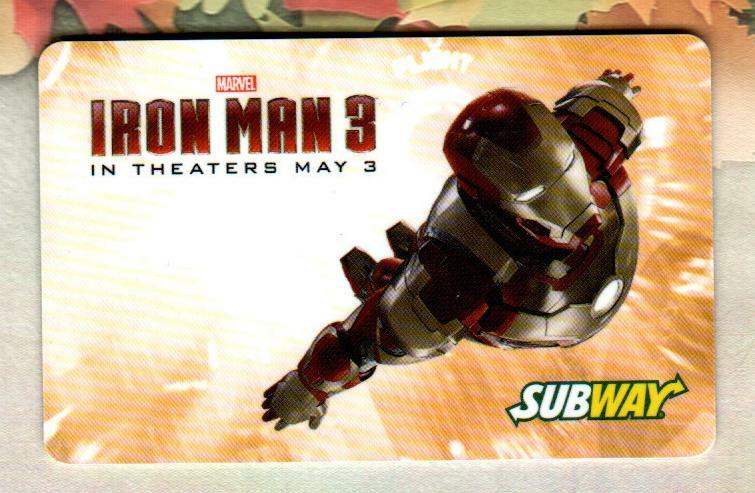SUBWAY Iron Man 3, MARVEL ( 2013 ) Gift Card ( $0 )
