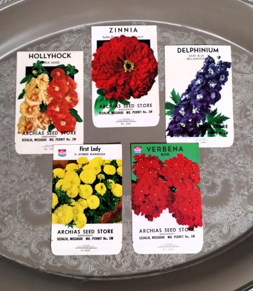 Lot: 5 Vintage Unused Lithographed Flower Seed Packets; Schmidt Litho Co. NOS