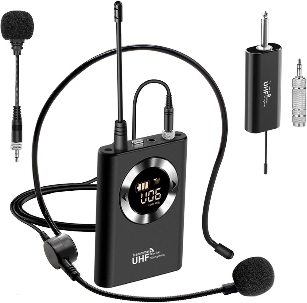 Wireless Microphone Headset, Head Mic Speaker System, UHF Professional Handhe...