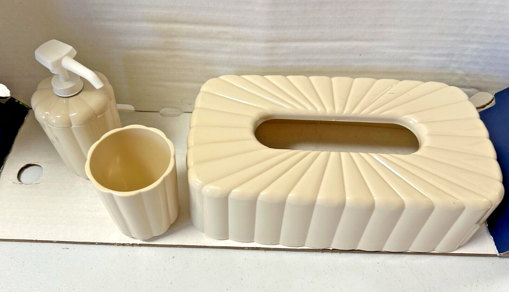 Vintage Tan Plastic Tissue Box Cover, Cup and Soap Dispenser