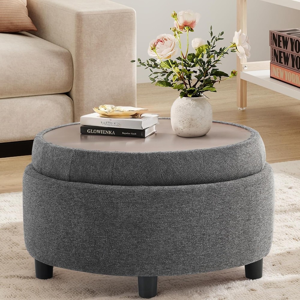 Fabric Round Storage Ottoman W/ Reversible Tray Lid – Multi-Functional Footrest