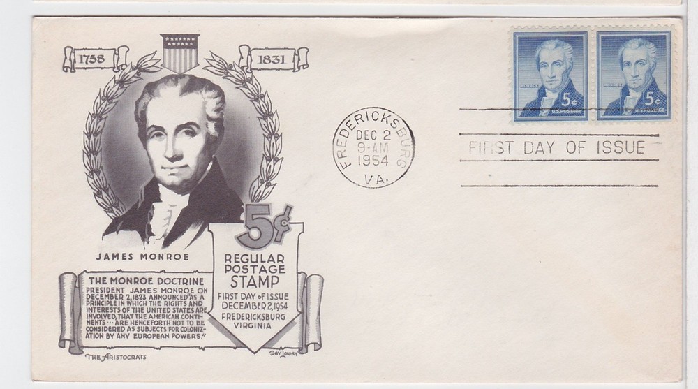 TurtlesTradingPost - James Monroe 5 Cent #1038- 1954 Aristocrats Cachet FDC Pair