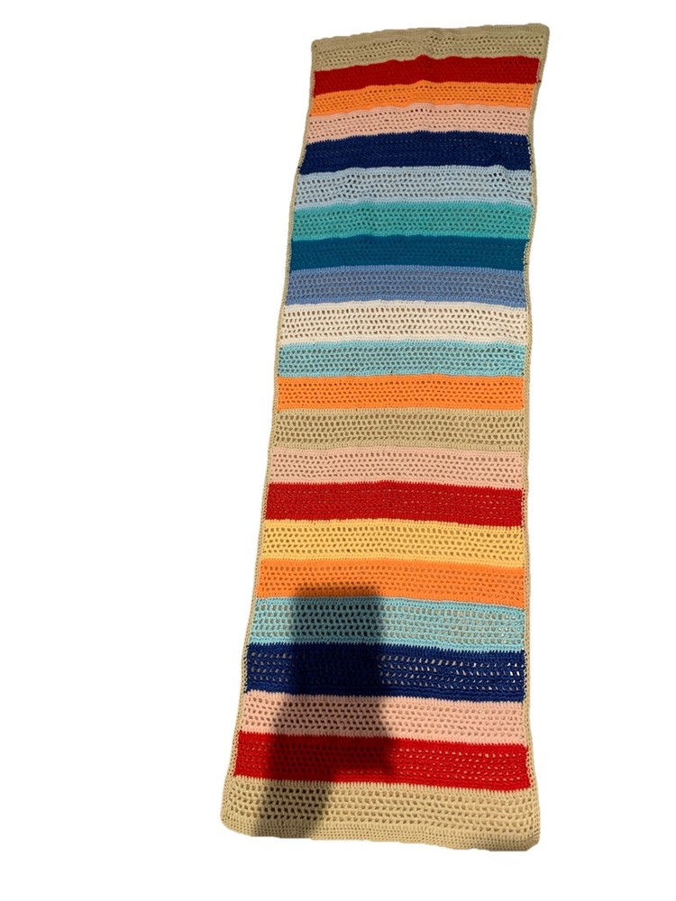 🌈 RETRO Boho - Hand-Crocheted Multicolour / Rainbow Striped Table Runner