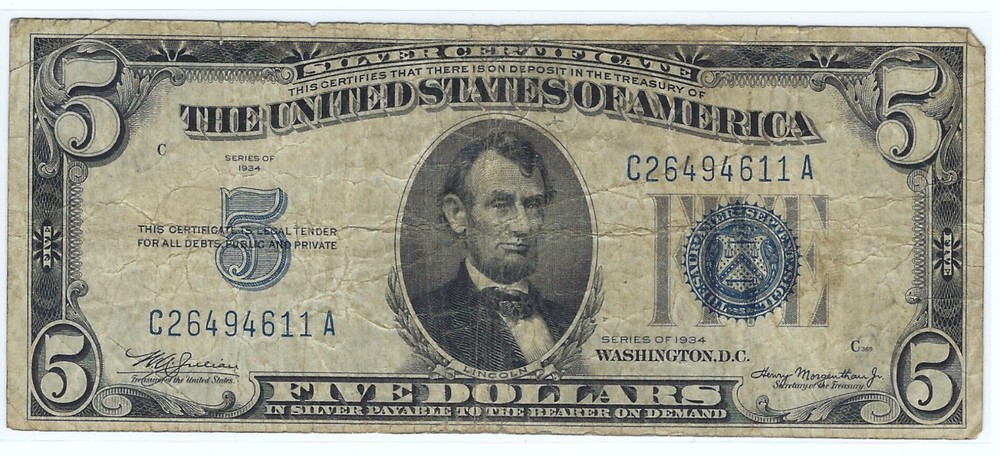1934  $5 SILVER CERTIFICATE