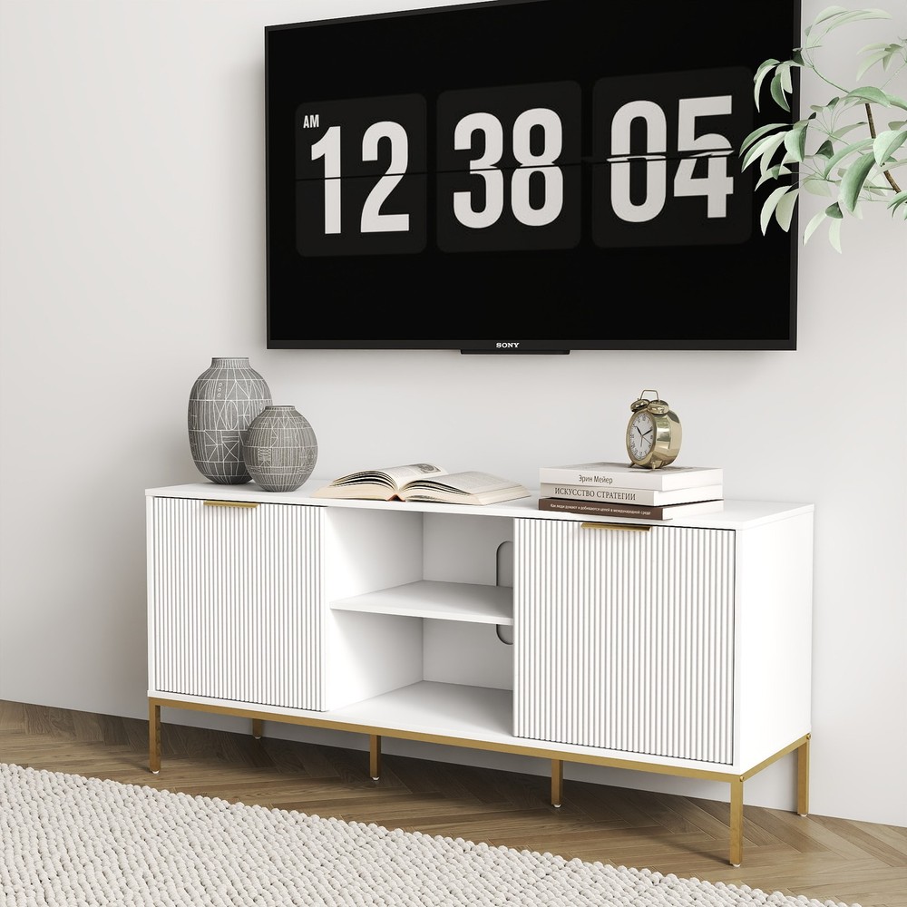 Modern TV Stand with Wave-Design Doors, Open Shelf & Adjustable