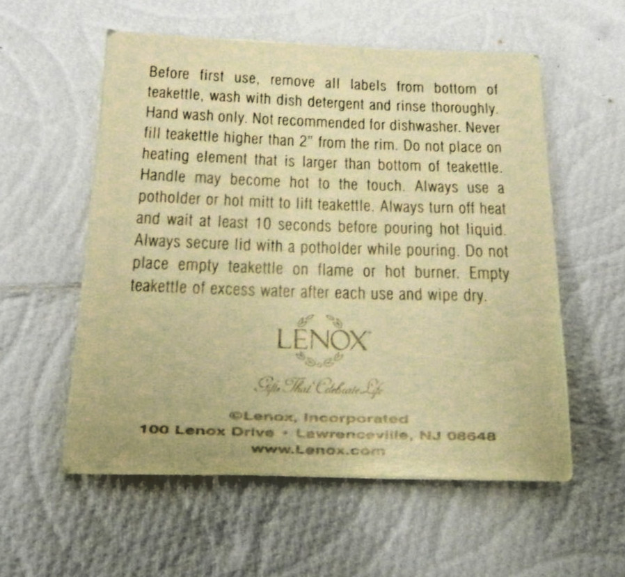 LENOX WHITE SWIRL DESIGN ENAMEL TEAKETTLE WITH TAG