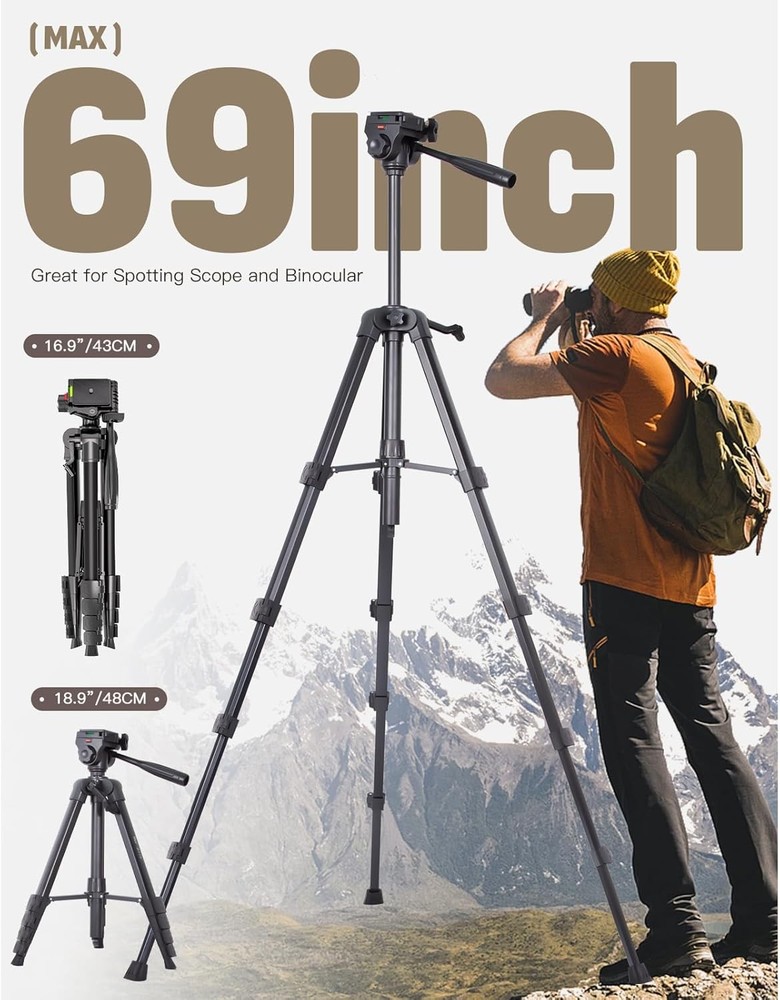 69” Tripod for Spotting Scopes, Binocular & Camera, Includes Binocular Adapter,