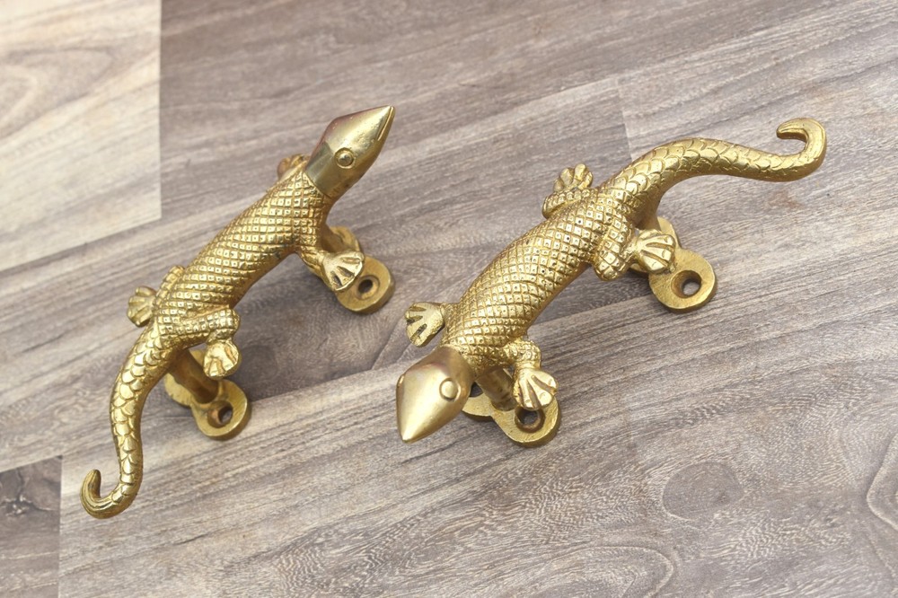 Vintage Brass Door Handle Lizard Heavy Gate Pull Drop Original Handle 2 Pcs