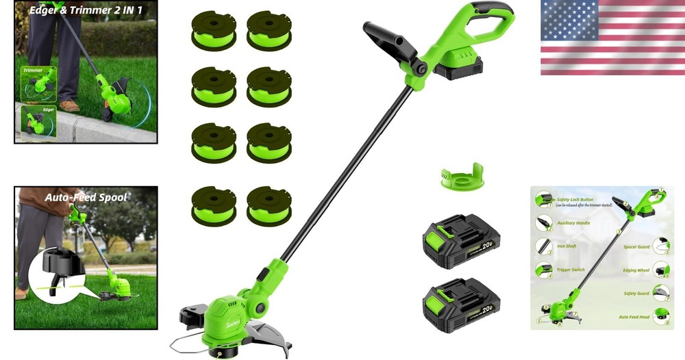 Powerful 12-Inch 20V Adjustable Cordless Grass Trimmer & Edger - 8 Extra Spools
