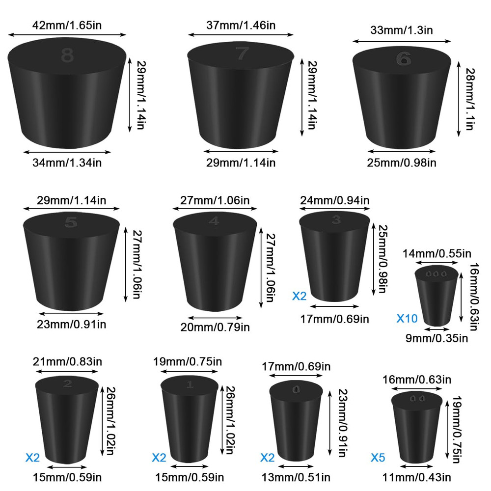 28 Pack (11 Assorted Sizes) Solid Rubber Stopper, 000# - 8# Tapered Lab Bungs...