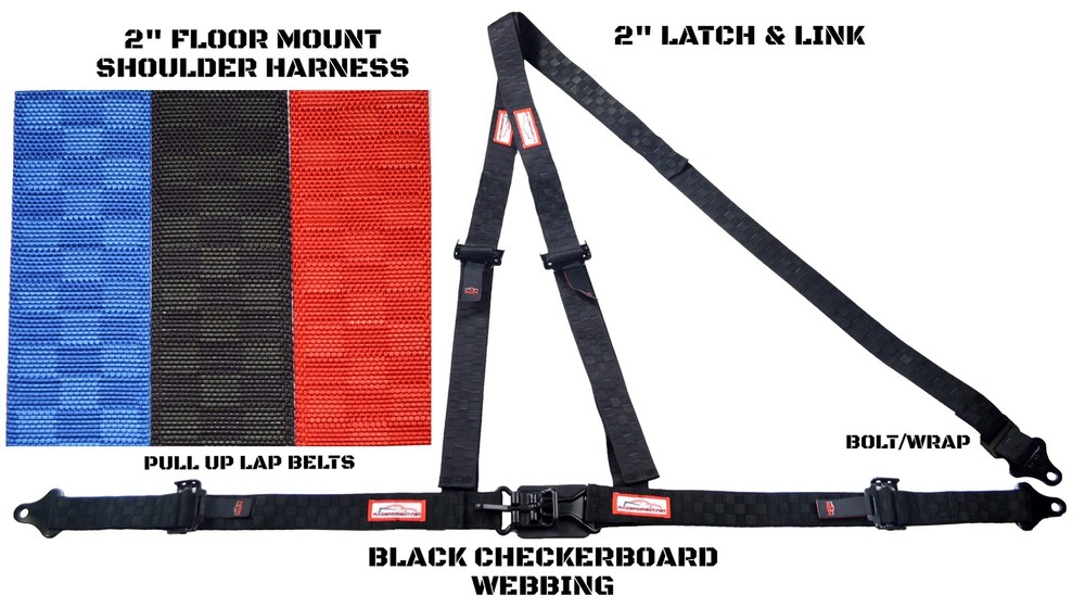 RACERDIRECT 2" LATCH & LINK FLOOR MOUNT HARNESS 3 PT PULL UP BLACK CHECKERBOARD
