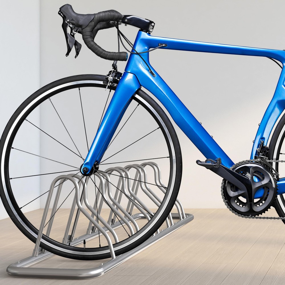 Bicycle Floor Parking Stand Adjustable Storage for 5 Bikes Silver