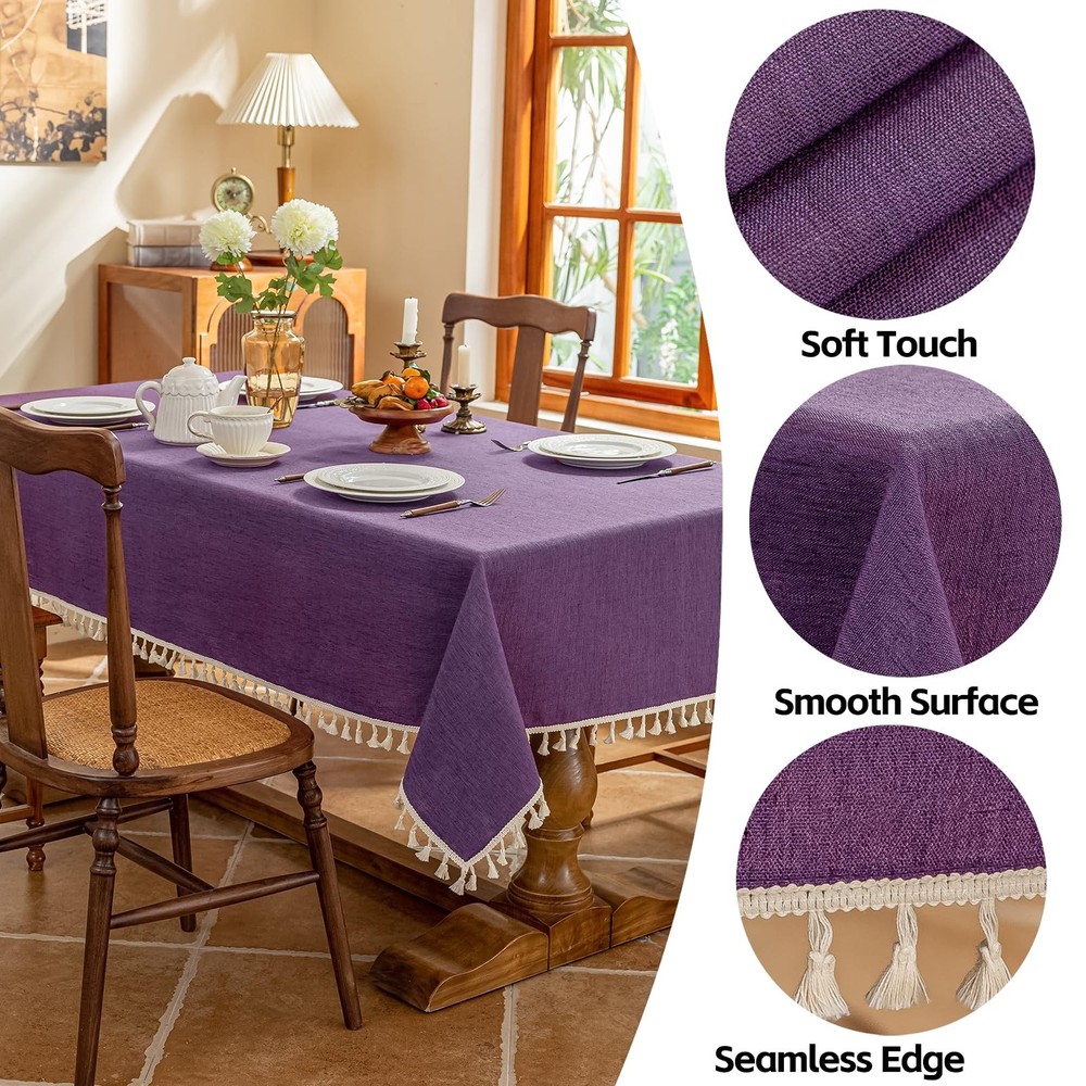 AmHoo Linen Blend Tablecloth Table Cloth 280 GSM Stitching Tassel Rectangle Deco