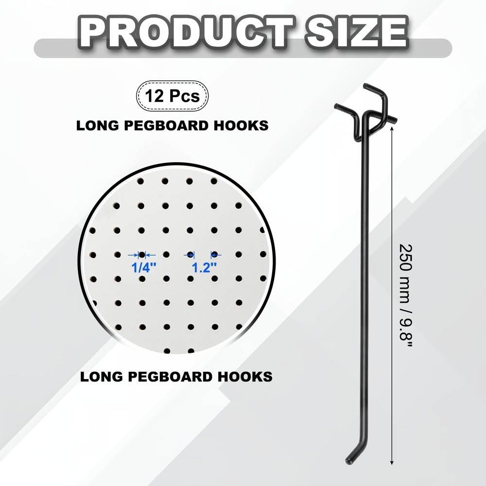 12 Pcs Pegboard Hooks, 9.8" Peg Board Hooks Kit, Black (1.2mm)