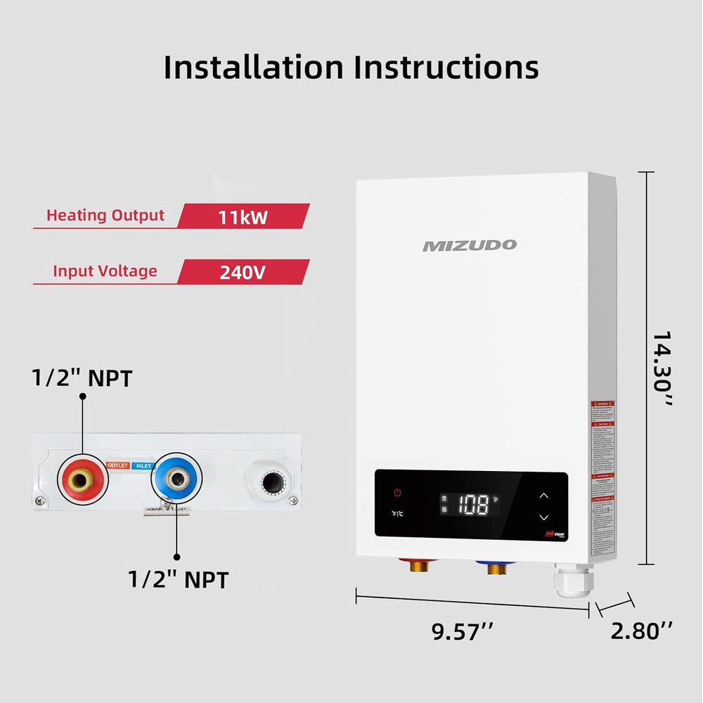 MIZUDO 11/14/18kw Instant Hot Tankless Water Heater Electric 240V On Demand