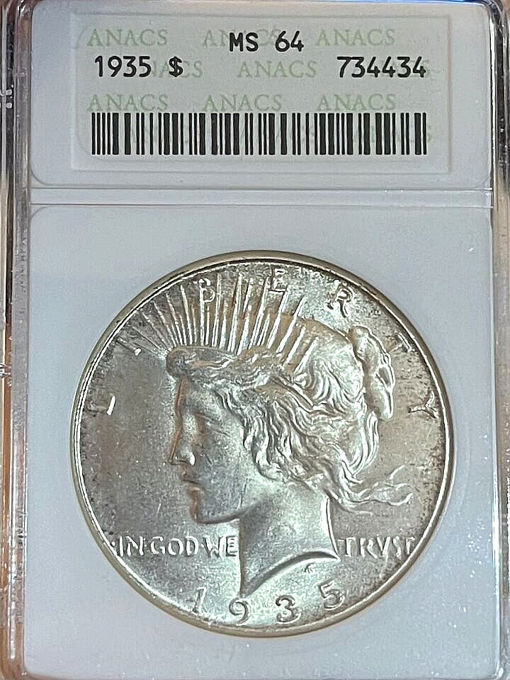 1935 Peace Silver Dollar ANACS MS64 Old Soapbox Holder