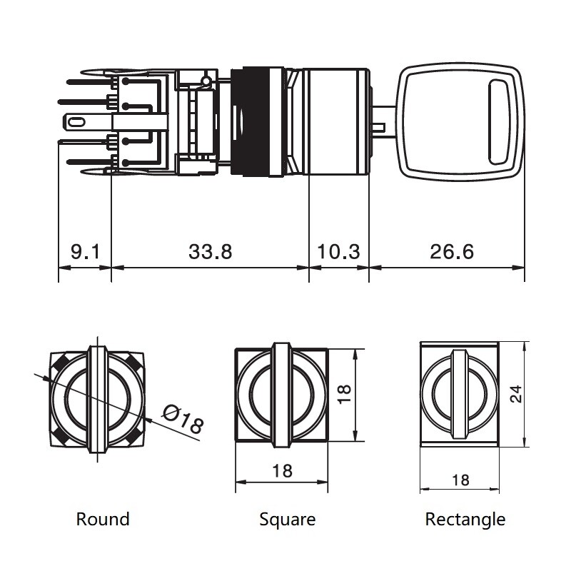 16mm IP40 2/3Position Lock Switch Maintain/Return Square Plastic Key Switch 2key