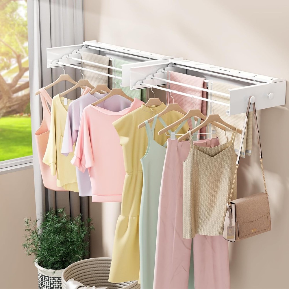 Wall Mounted Drying Rack with 4 Hooks and Shelf, Foldable Drying Rack