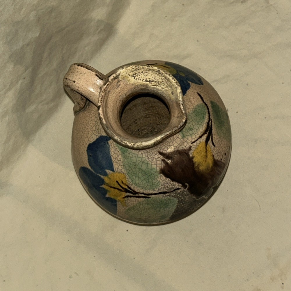 Vintage Art Pottery Pitcher 8” With Handle Not Signed