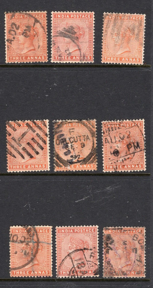 c. 1883 India QV THREE 3 ANNAS x 9
