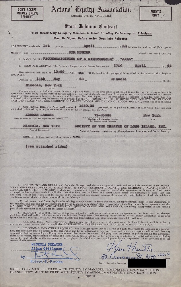 KIM HUNTER - CONTRACT SIGNED 04/01/1968