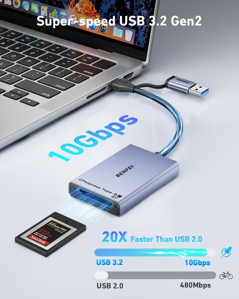 Versatile 10Gbps CFexpress Type B Card Reader with Durable USB-C & USB-A Design