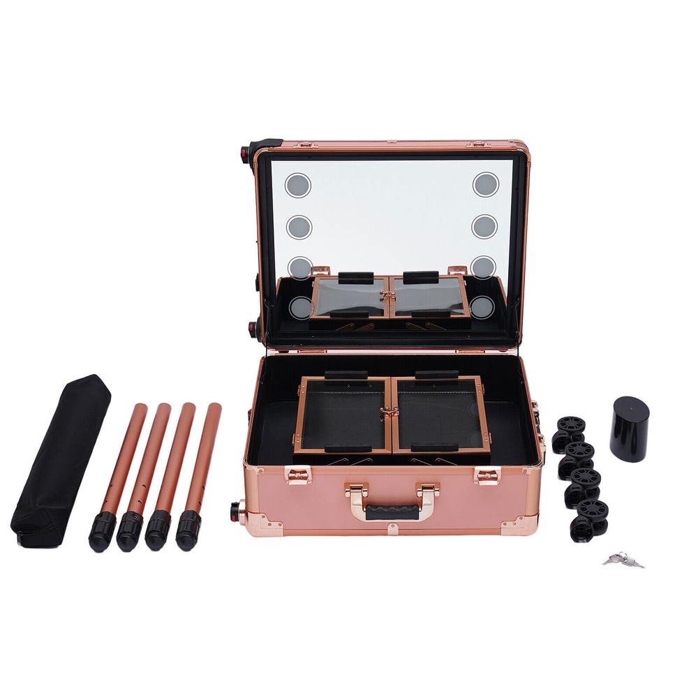 3-Tier Rolling Makeup Train Case LED Cosmetic Trolley Makeups Organizer + Mirror