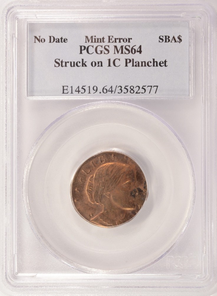 PCGS $1 SBA Dollar Struck on Cent Planchet MS64 Red