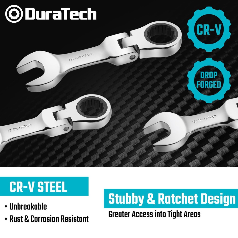 DURATECH Stubby Flex-head Ratcheting Combination Wrench Set, Metric, Silver