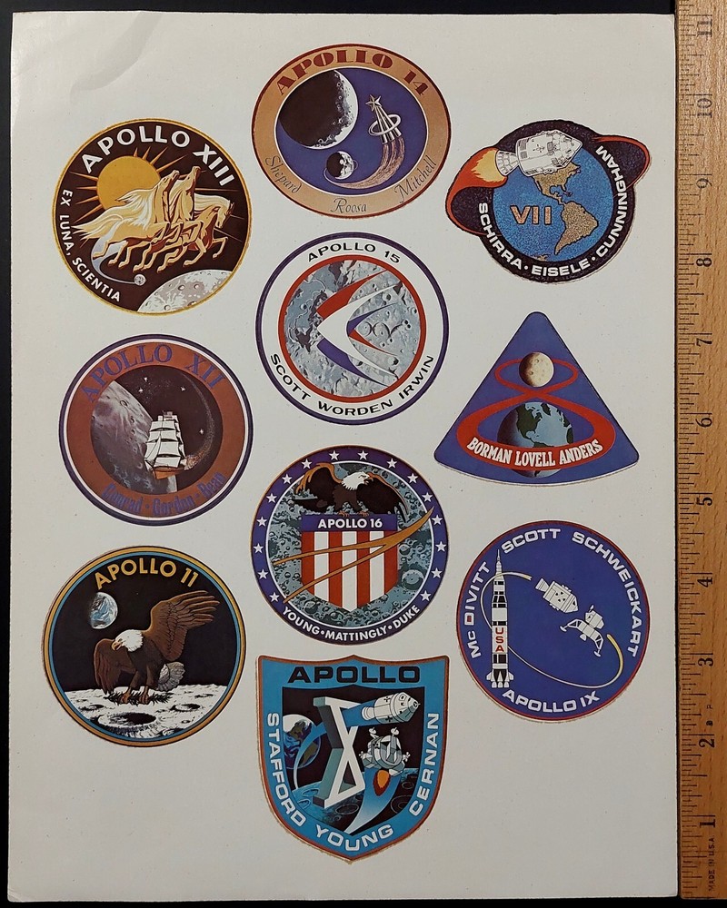 Apollo 7 thru Apollo 16 Space Mission emblems permanent decals 8 x 10 sheet!