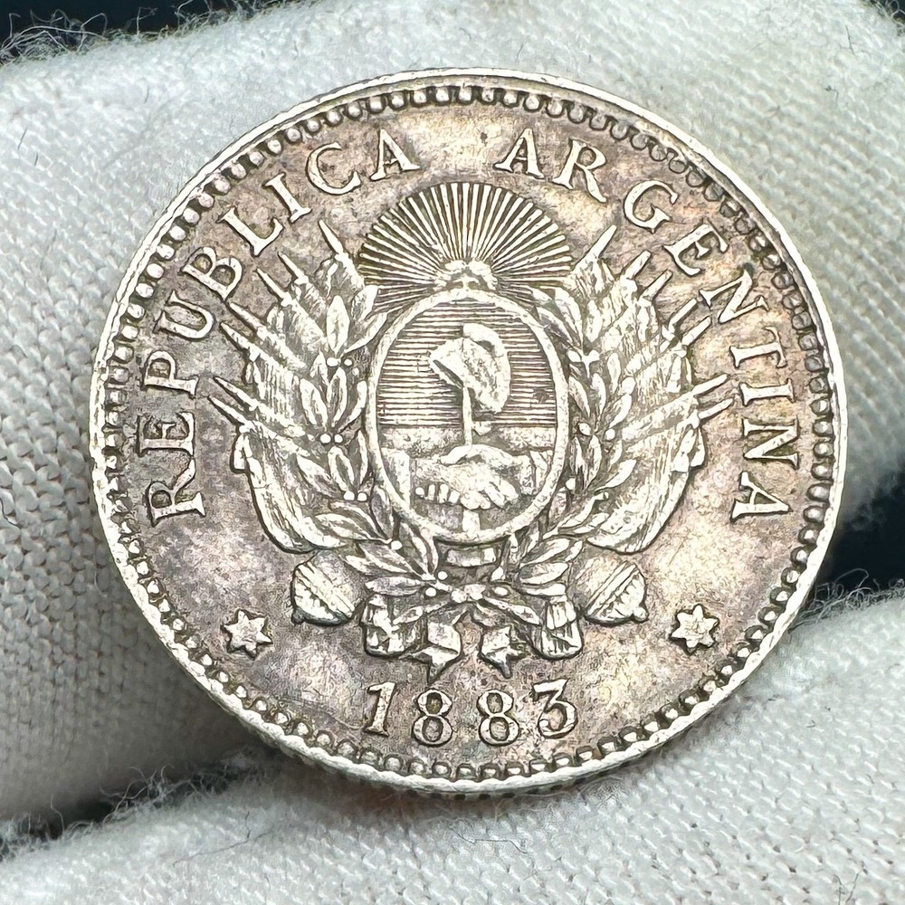 1883 Argentina AR 10 Centavos - Lightly Cleaned before - Light Luster Remaining