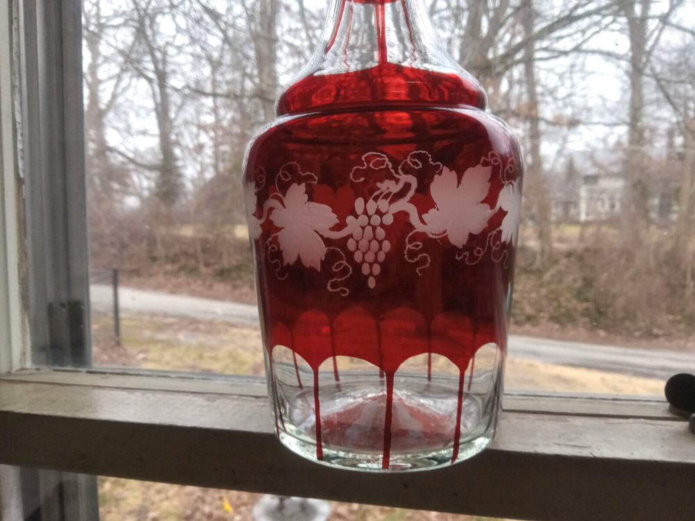 OPEN PONTIL RUBY RED STAINED CUT TO CLEAR WINE BOTTLE ORIGINAL MATCHING STOPPER