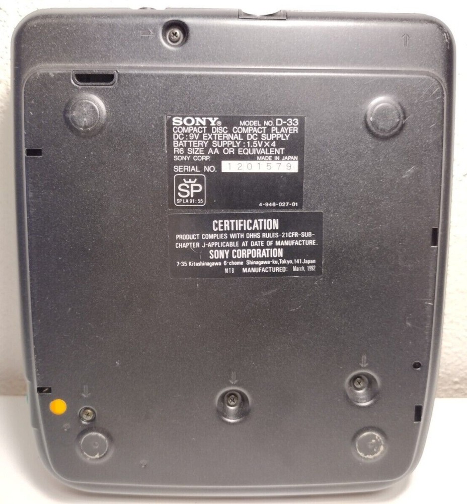 Sony Discman Model No. D-33 CD Compact Disc Player