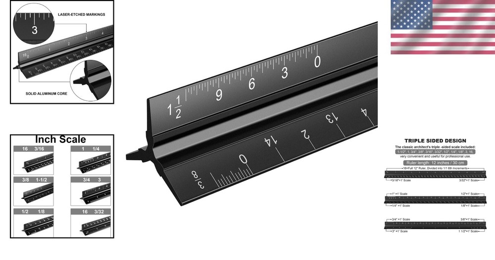Professional 12" Triangular Architectural Ruler - Durable Aluminium Construction