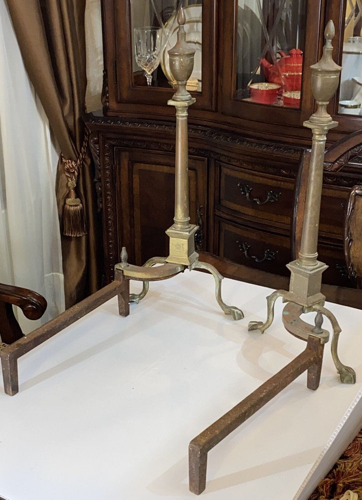 Federal Style Andirons For Fireplace Solid Brass & Cast Iron 25” H