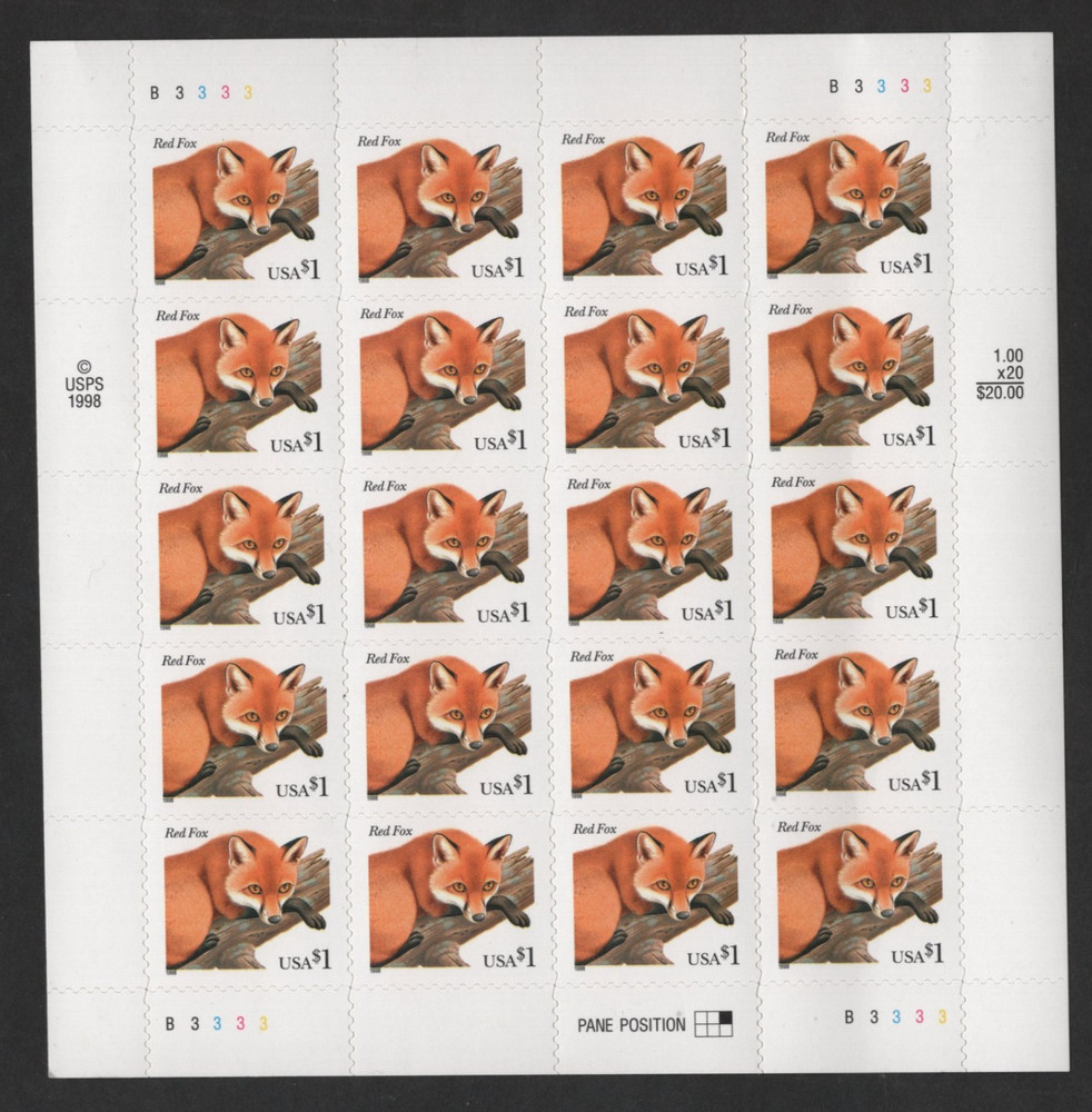 US 1998 SCOTT 3036 MINT NEVER HINGED RED FOX FULL SHEET