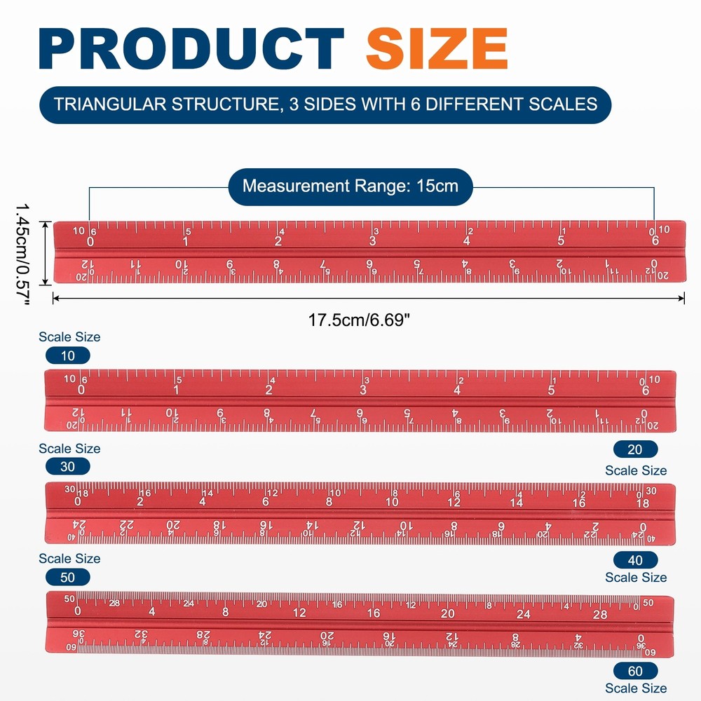 7 Inch Imperial Architectural Triangular Scale Ruler Large Scale, Red