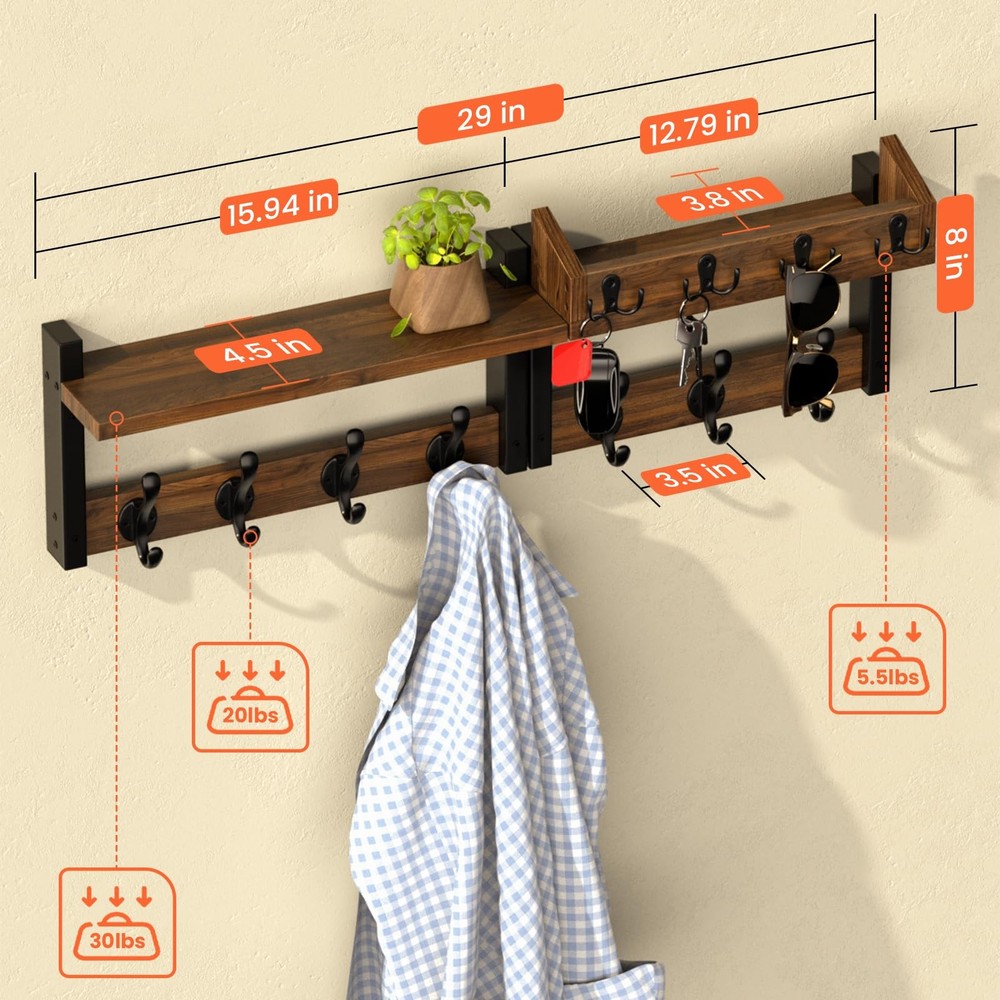 29'' Rustic Coat Rack Wall Mount with Shelf, Solid Wood Coat and Key Hanger w...