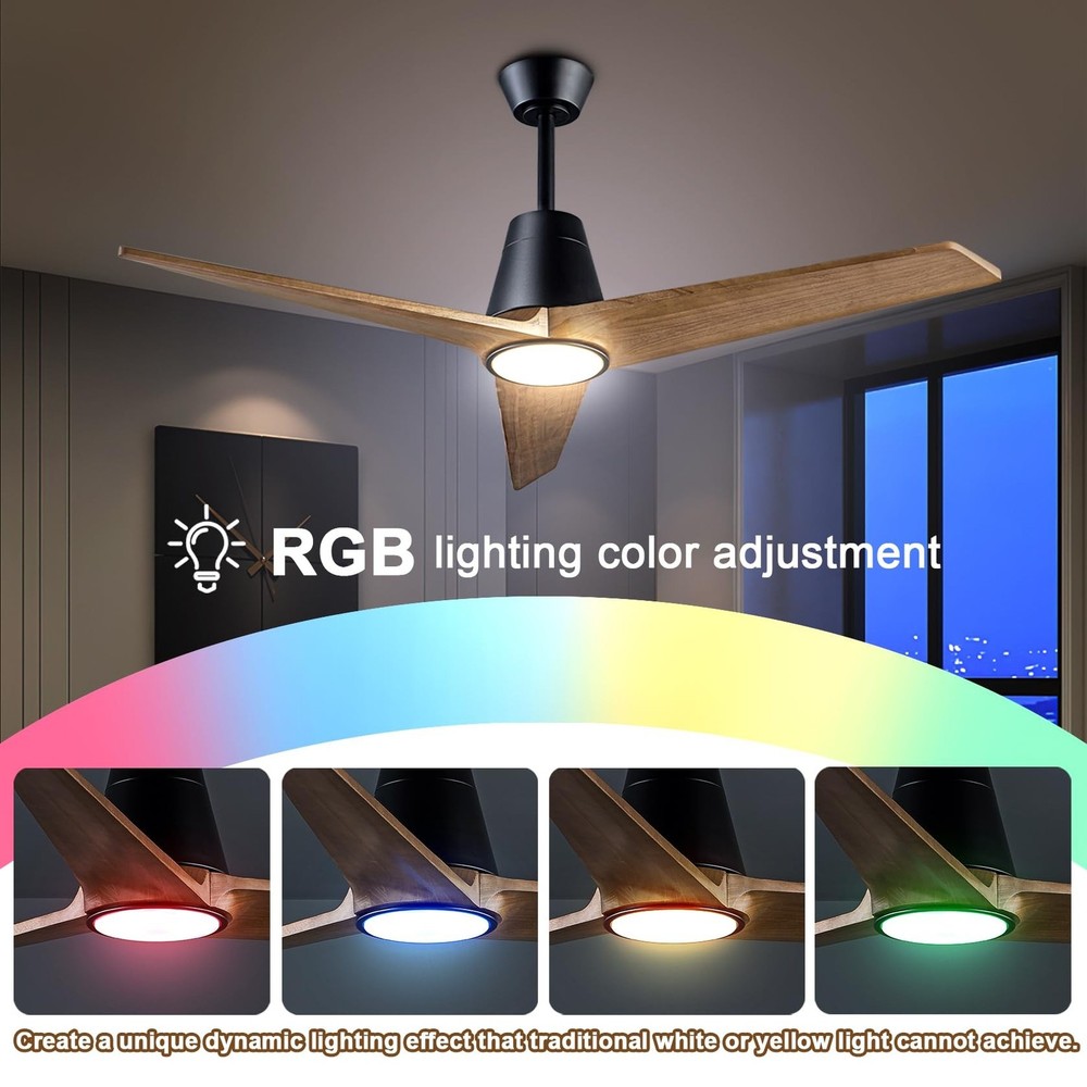 52" Ceiling Fans with Light, Solid Wood Ceiling Fan with Remote Control and D...
